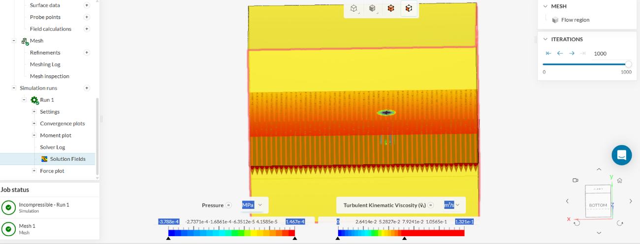 CFD modèle de référence — pression et viscosité cinématique turbulente, coupe